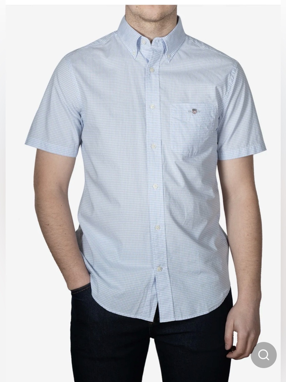 GANT the Broadcloth Gingham Cotton Short Sleeve Light Blue Shirt , XL